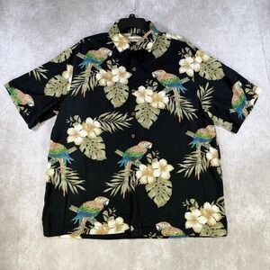 Caribbean Shirt Mens Large Black Silk Blend Button Hawaiian Tropical Macaw